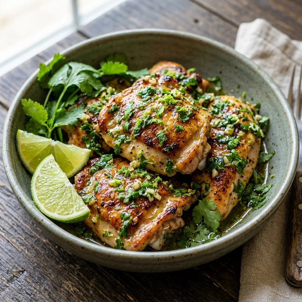 Plate of cilantro lime chicken garnished with lime wedges and fresh cilantro