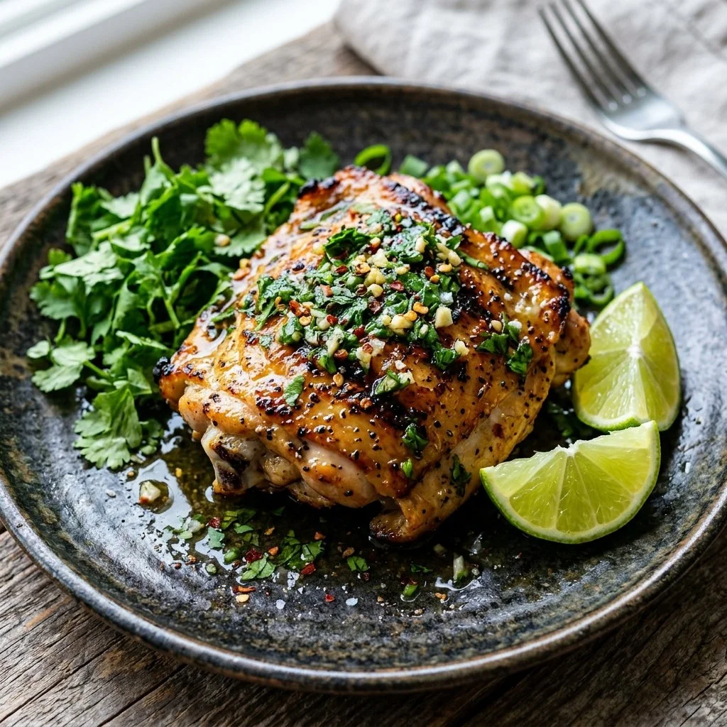 Delicious cilantro lime chicken garnished with fresh cilantro and lime wedges
