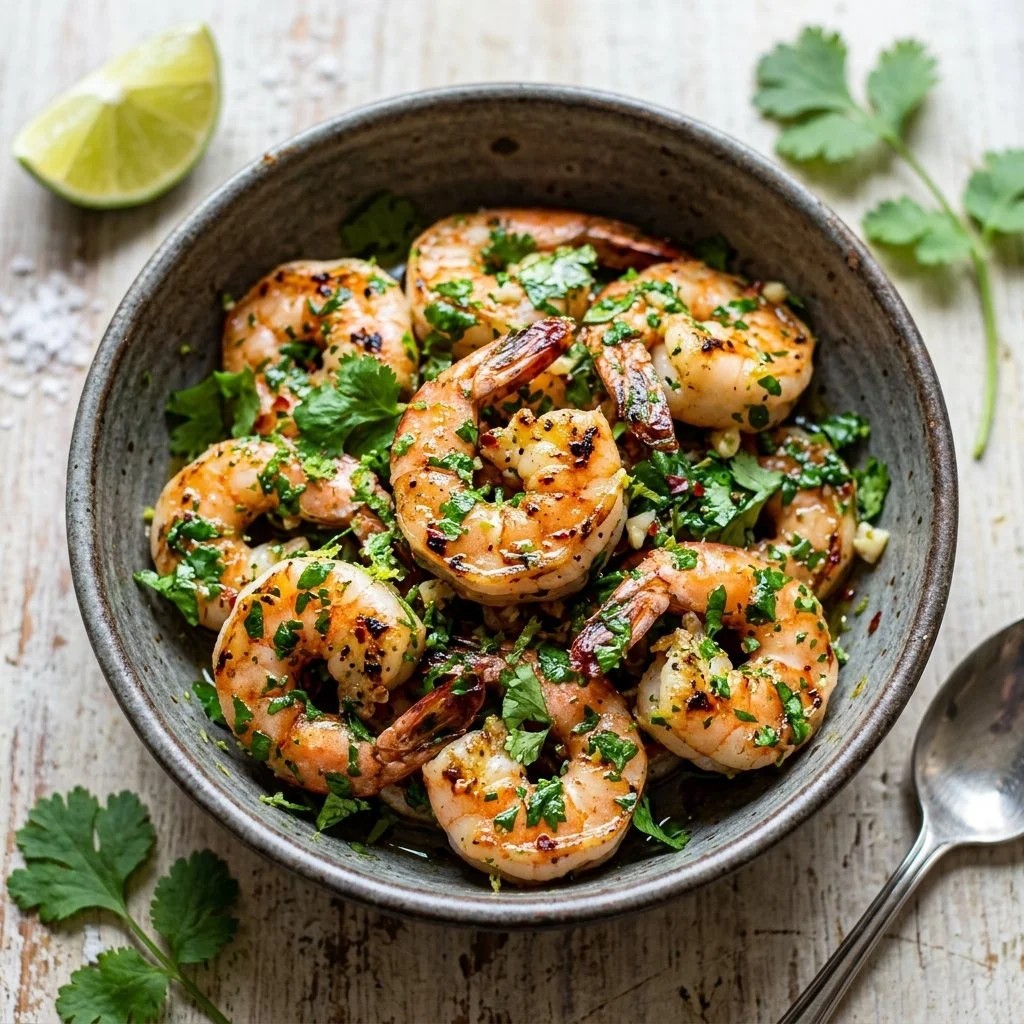 Fresh cilantro lime shrimp served with lime wedges and herbs