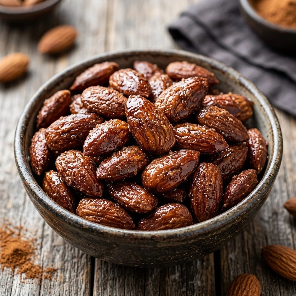 Bowl of delicious cinnamon roasted almonds on a wooden table
