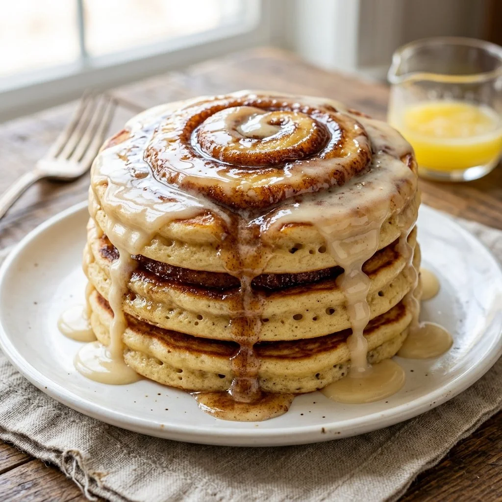 Stack of fluffy cinnamon roll pancakes drizzled with icing on a plate.