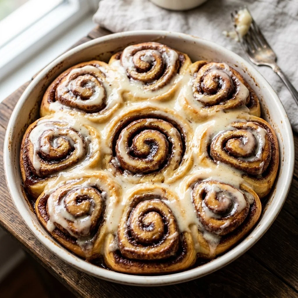 Freshly baked cinnamon rolls topped with icing on a wooden table.