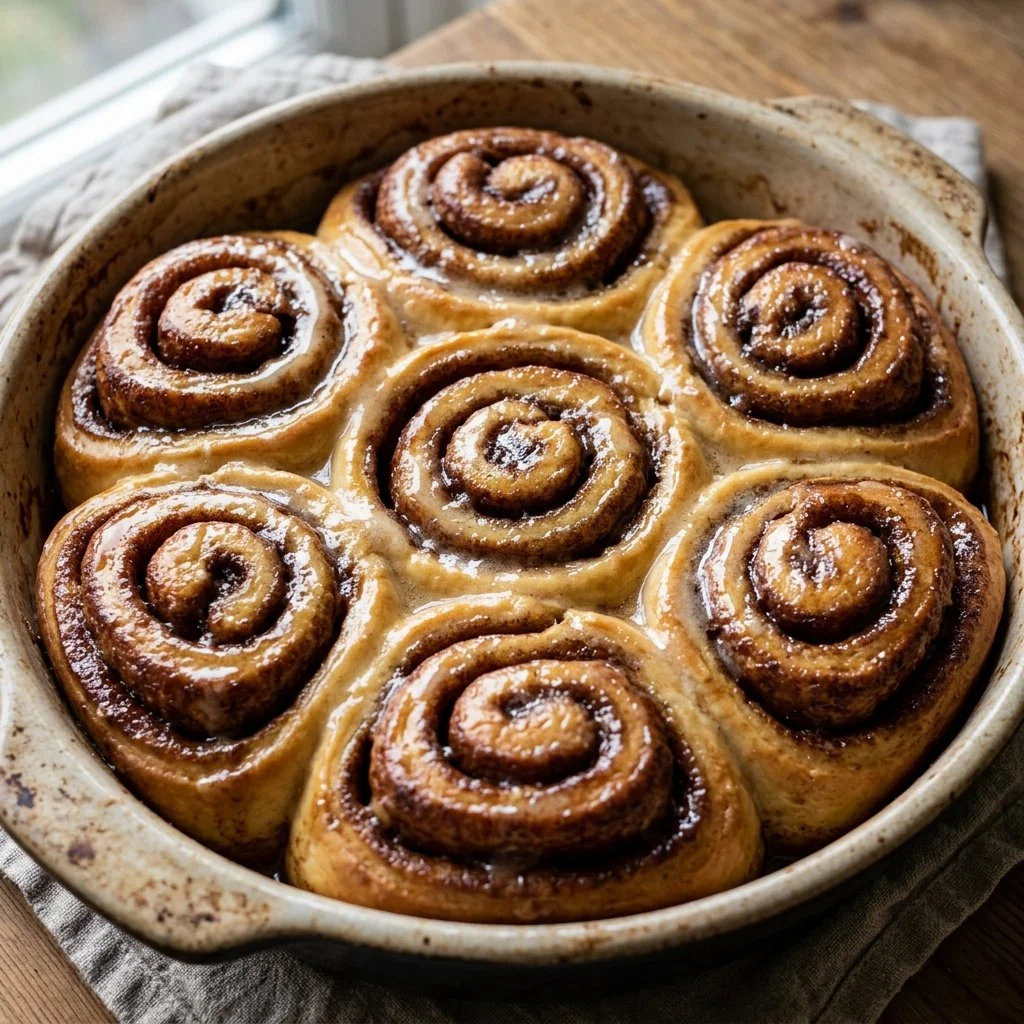 Freshly baked cinnamon rolls dripping with sweet glaze and topped with cinnamon