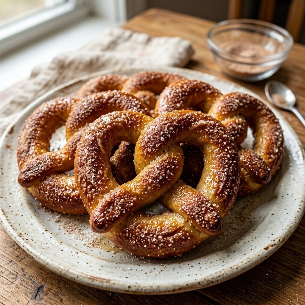 Delicious homemade Cinnamon Sugar Pretzels sprinkled with sugar and cinnamon.