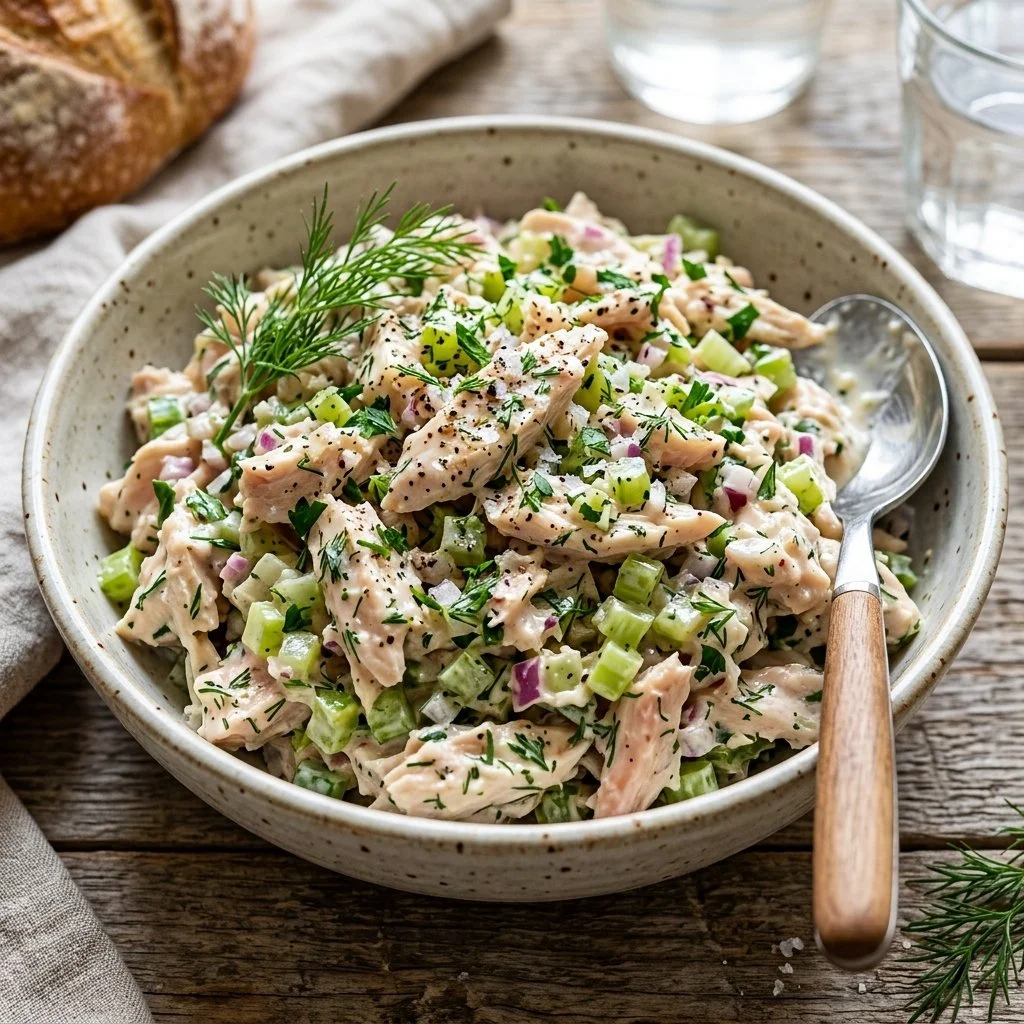 Bowl of classic chicken salad with chicken, vegetables, and dressing