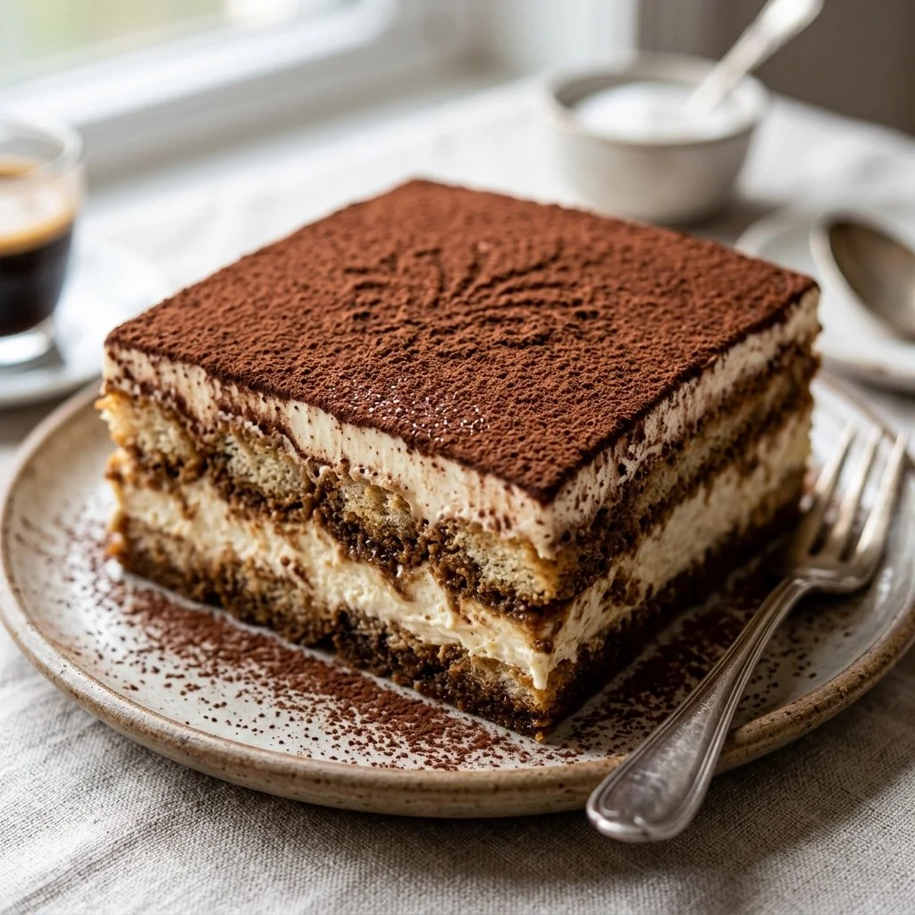 Slice of classic tiramisu cake with coffee and cocoa layers