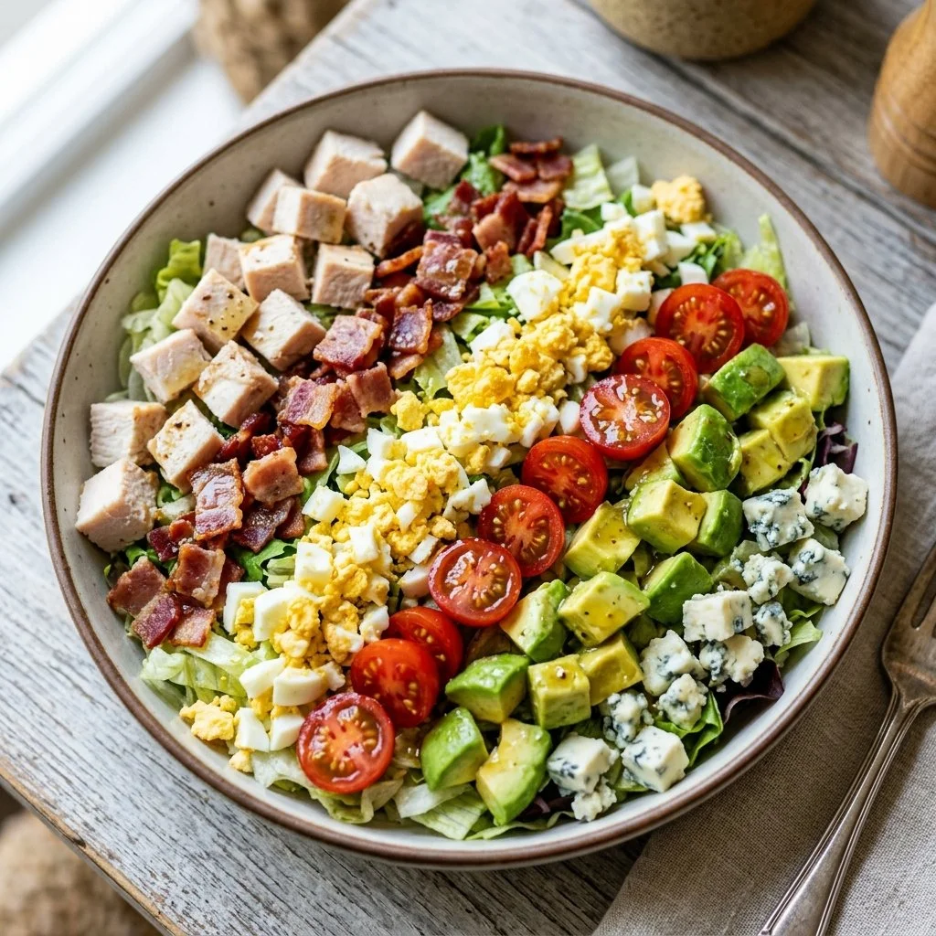 Delicious and colorful Cobb Salad with greens, avocado, chicken, bacon, and egg