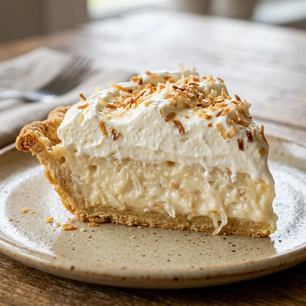 Delicious homemade Coconut Cream Pie topped with whipped cream and toasted coconut.