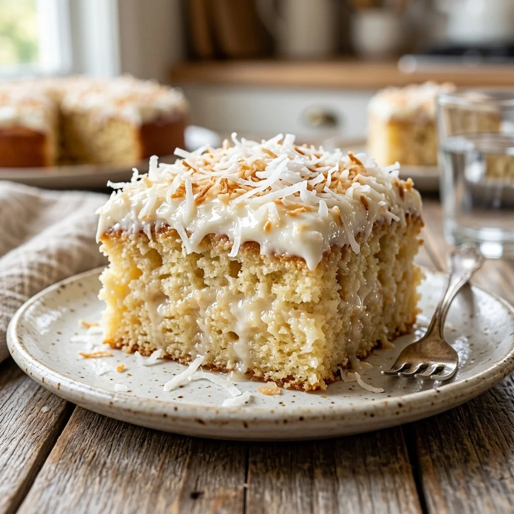 Delicious homemade Coconut Poke Cake topped with coconut flakes and whipped cream