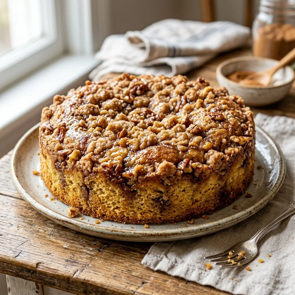 Delicious coffee cake with crumb topping served on a plate