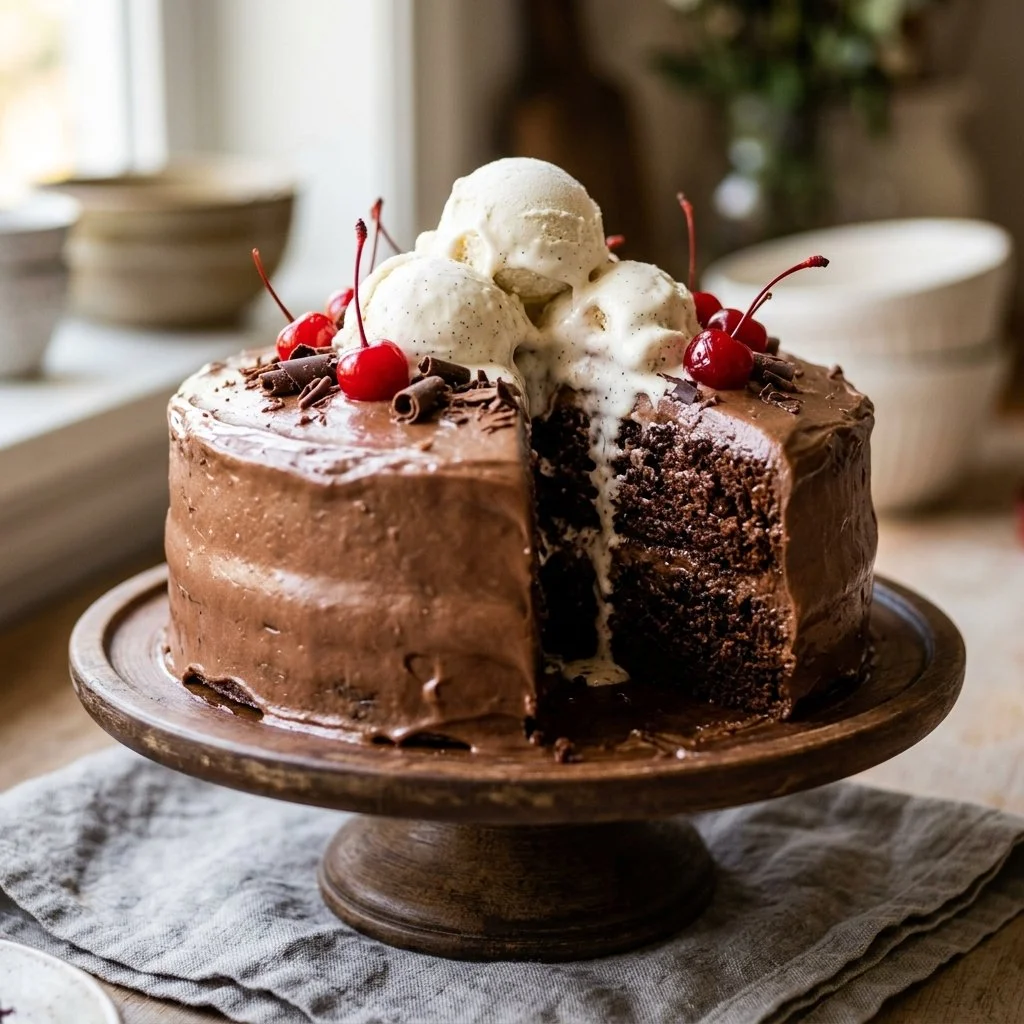 Delicious Coke Float Cake topped with fizzy soda and chocolate layers