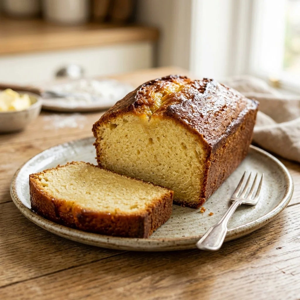 Slice of delicious Cold Oven Pound Cake on a plate