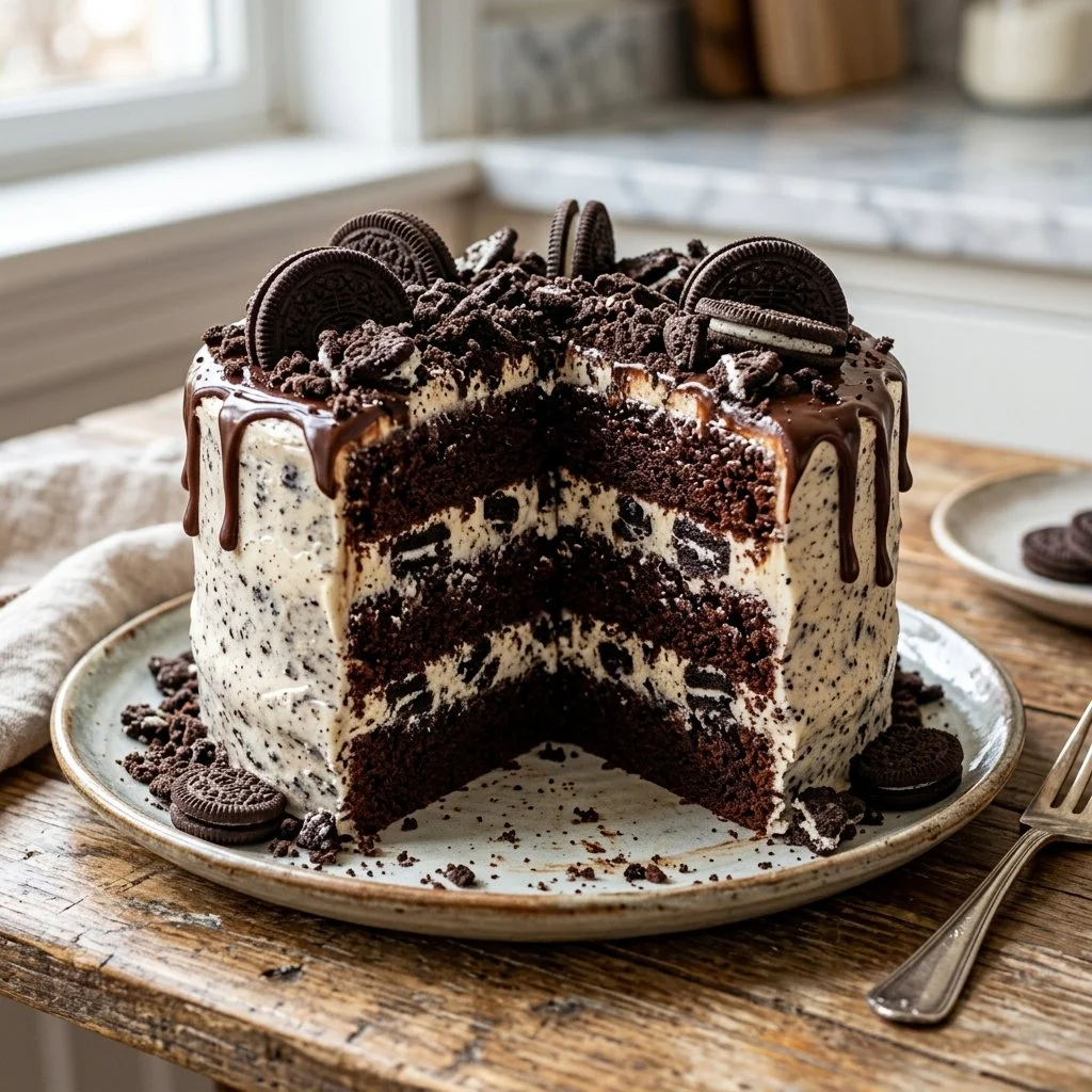 Delicious slice of Cookies and Cream Cake topped with crushed cookies
