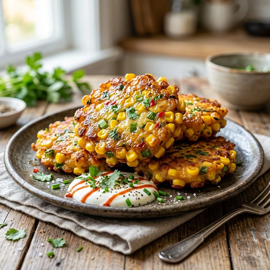 Delicious golden corn fritters served with a dipping sauce