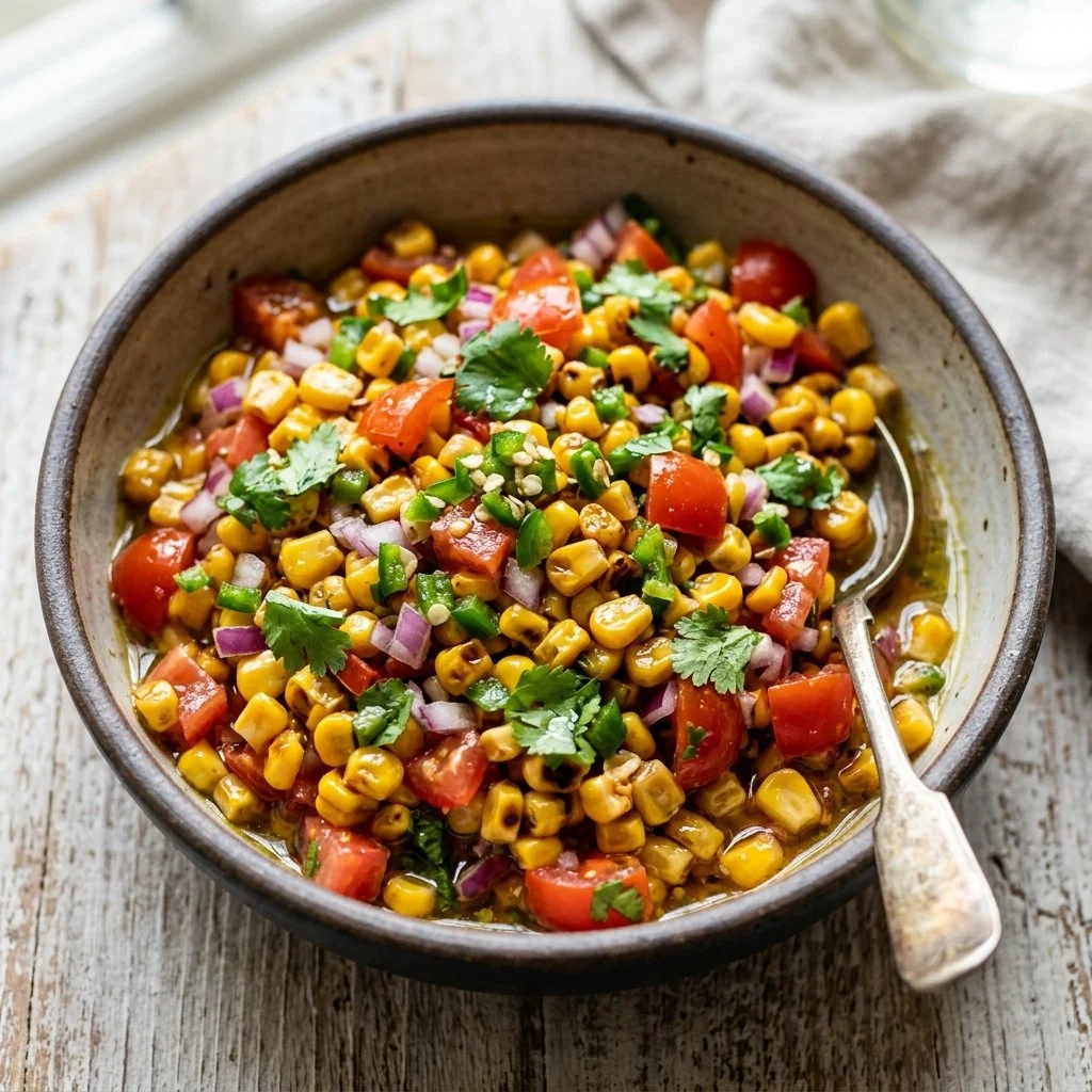 Fresh corn salsa with colorful ingredients in a bowl