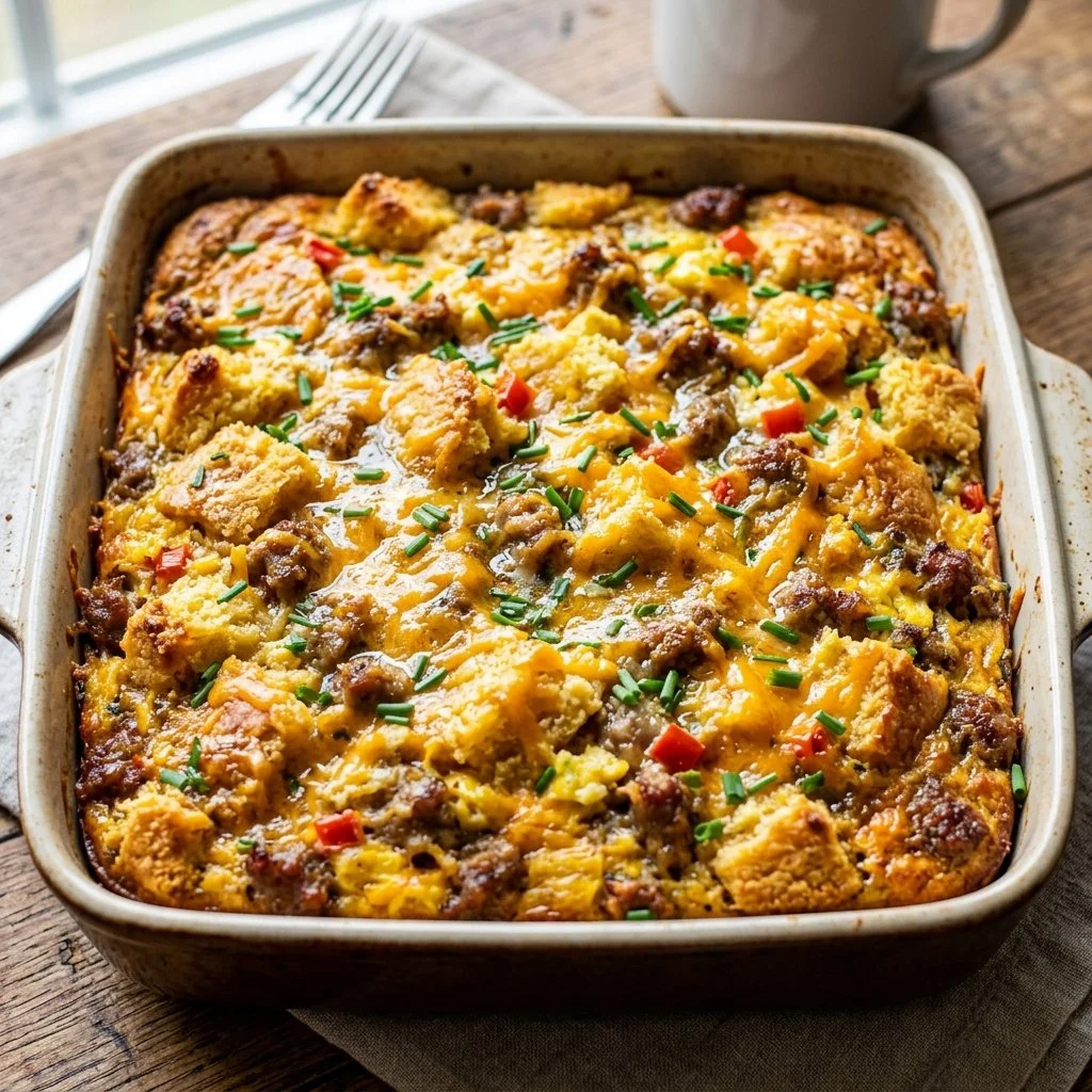 Delicious Cornbread Breakfast Casserole topped with eggs and savory fillings