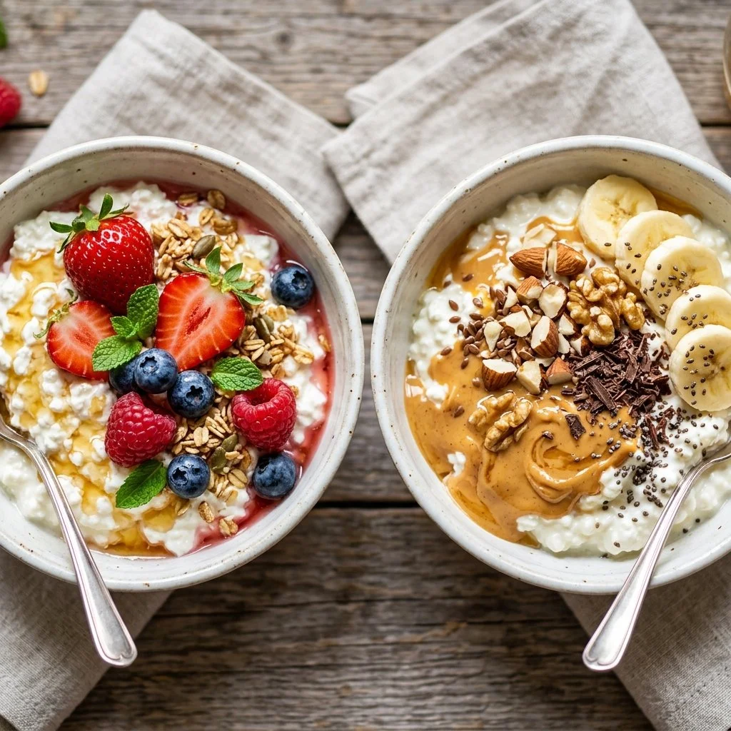 Delicious cottage cheese bowls topped with fruits and nuts for a healthy snack