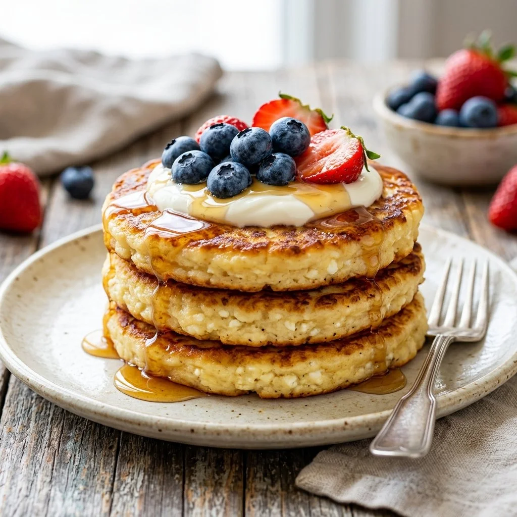 Fluffy cottage cheese pancakes topped with fresh fruits and syrup