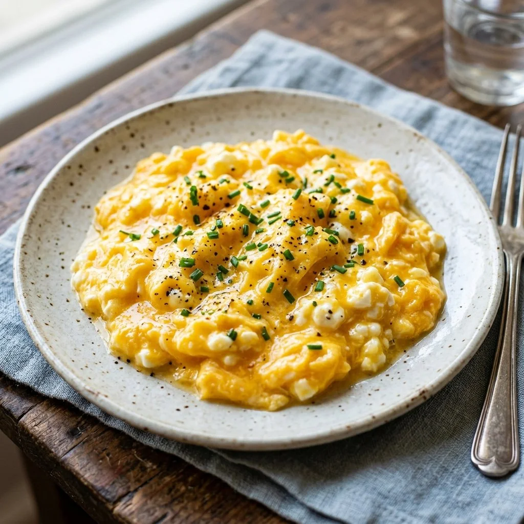 Bowl of cottage cheese scrambled eggs garnished with herbs