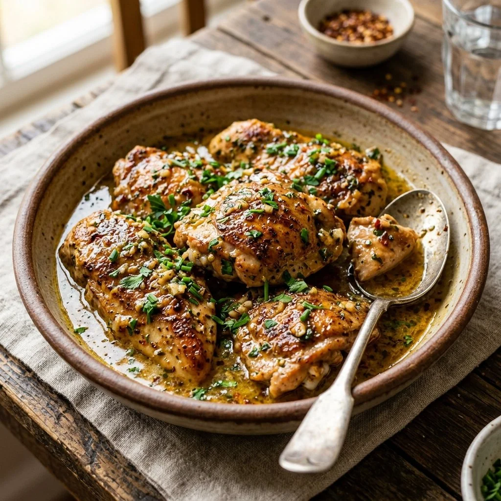 Delicious plate of Cowboy Butter Chicken drizzled with garlic butter sauce