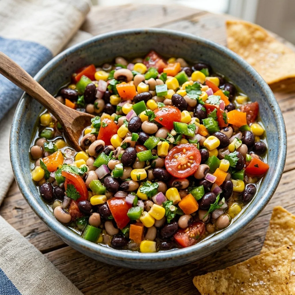 Colorful bowl of Cowboy Caviar made with beans, corn, and vegetables