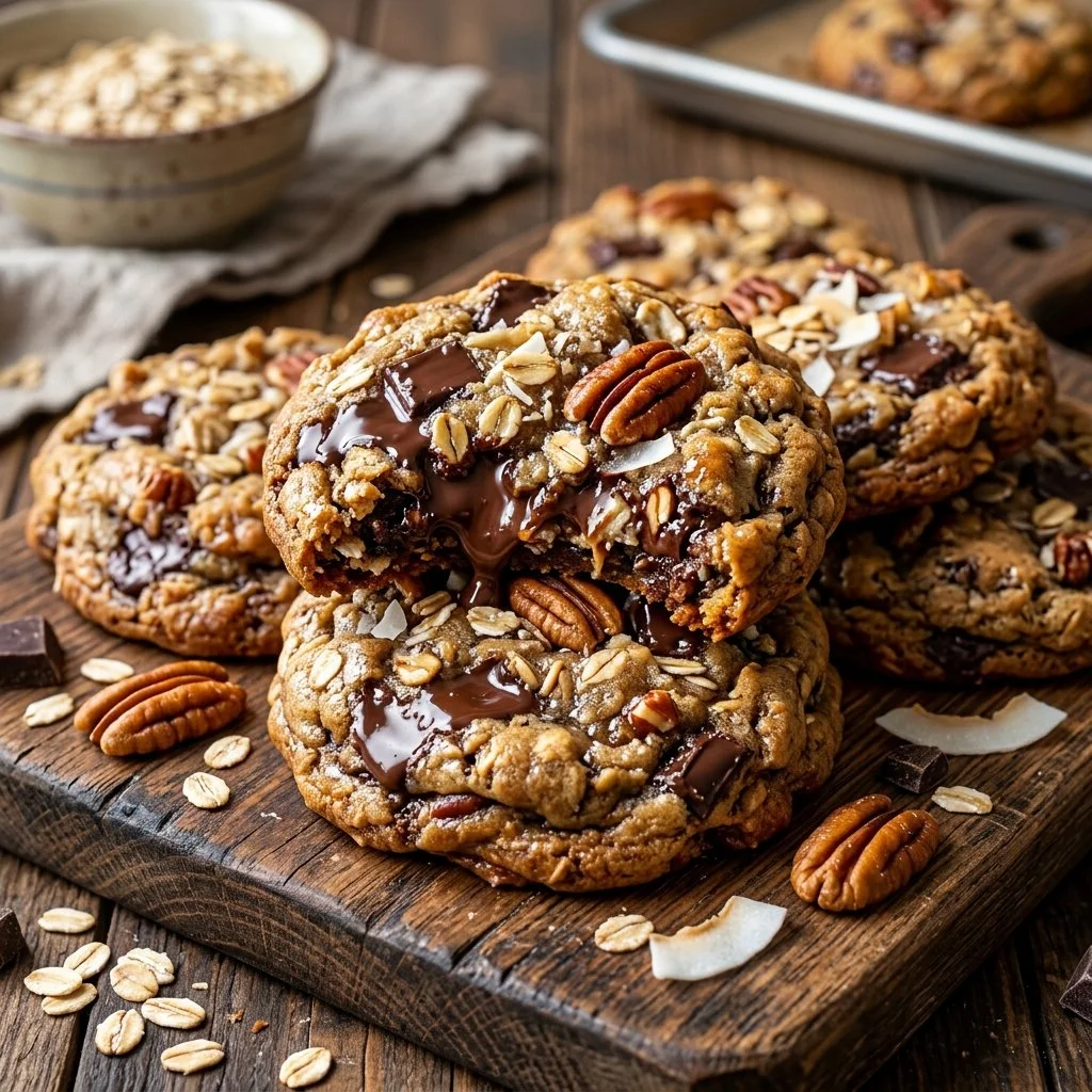 Freshly baked Cowboy Cookies with chocolate chips and nuts