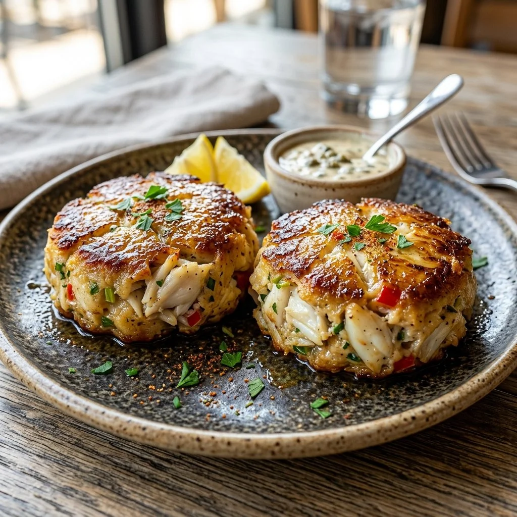 Delicious homemade crab cakes served with a side of sauce and garnish.