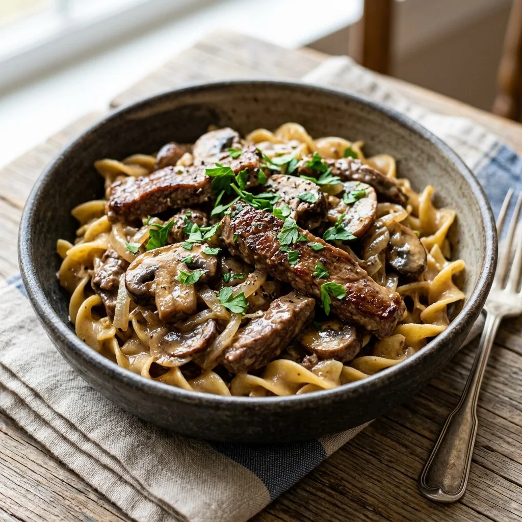 Creamy Beef Stroganoff served with noodles and garnished with parsley