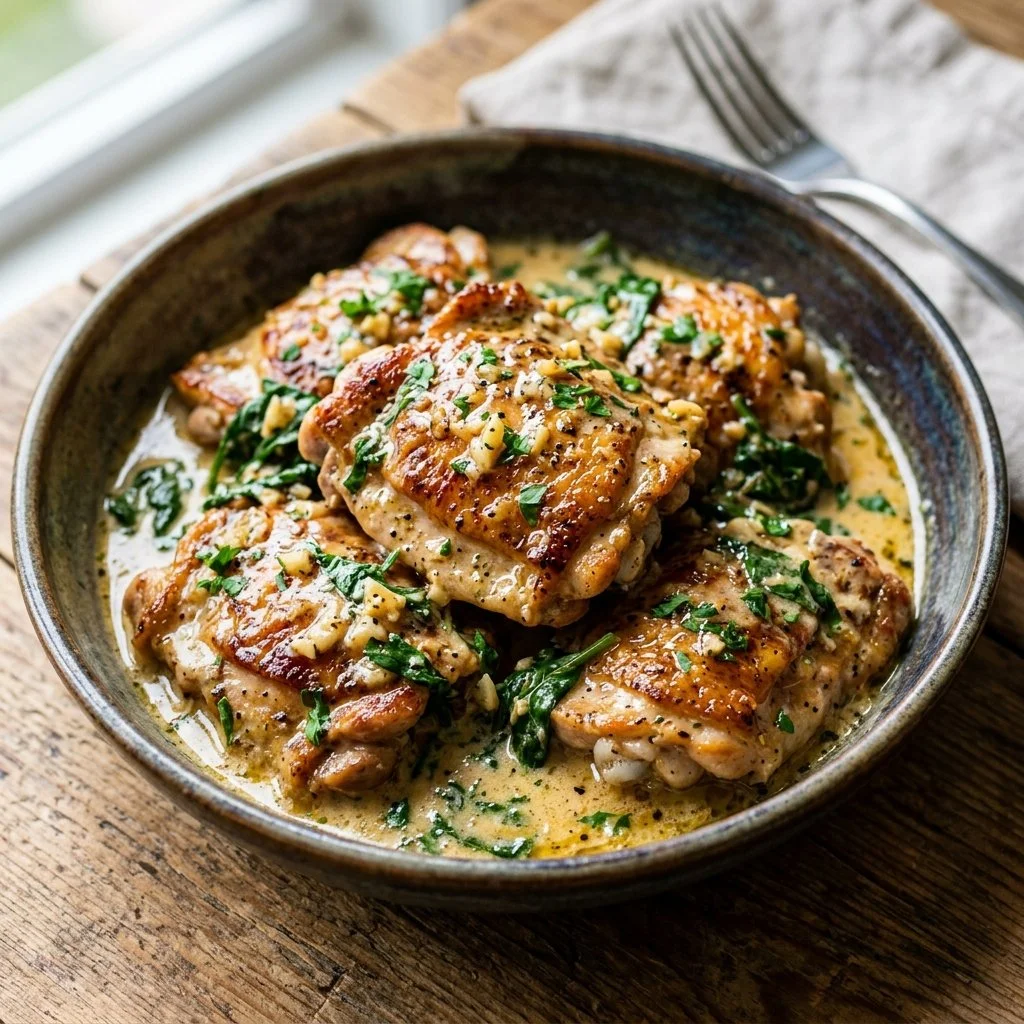 Creamy garlic chicken dish served with herbs and spices.