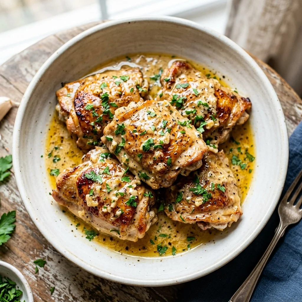 Creamy garlic chicken dish served with herbs and spices for a flavorful meal.