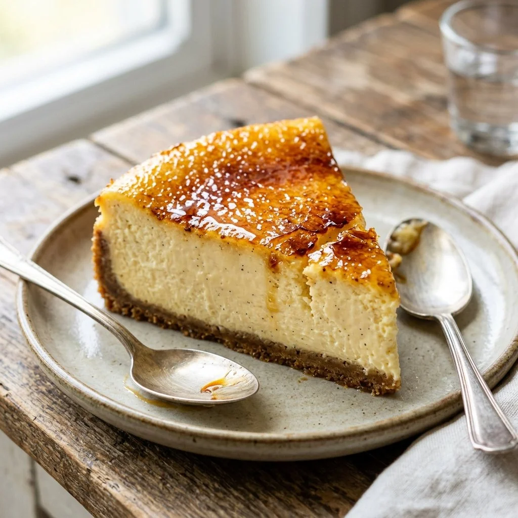 Delicious Crème Brûlée Cheesecake topped with caramelized sugar crust