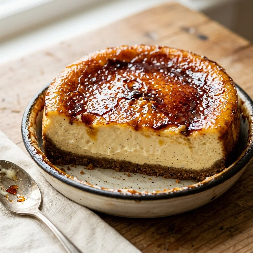 Delicious Crème Brûlée Cheesecake with a caramelized sugar crust