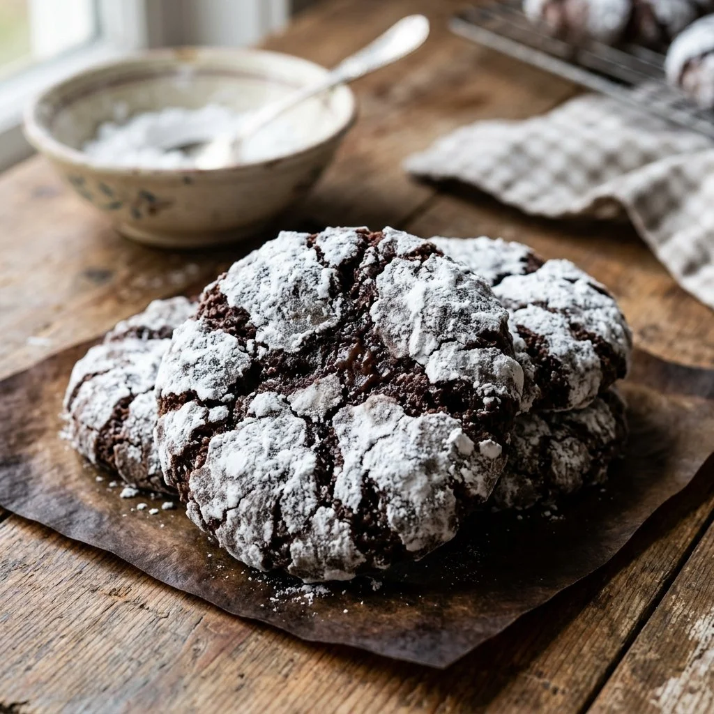 Freshly baked crinkle cookies dusted with powdered sugar