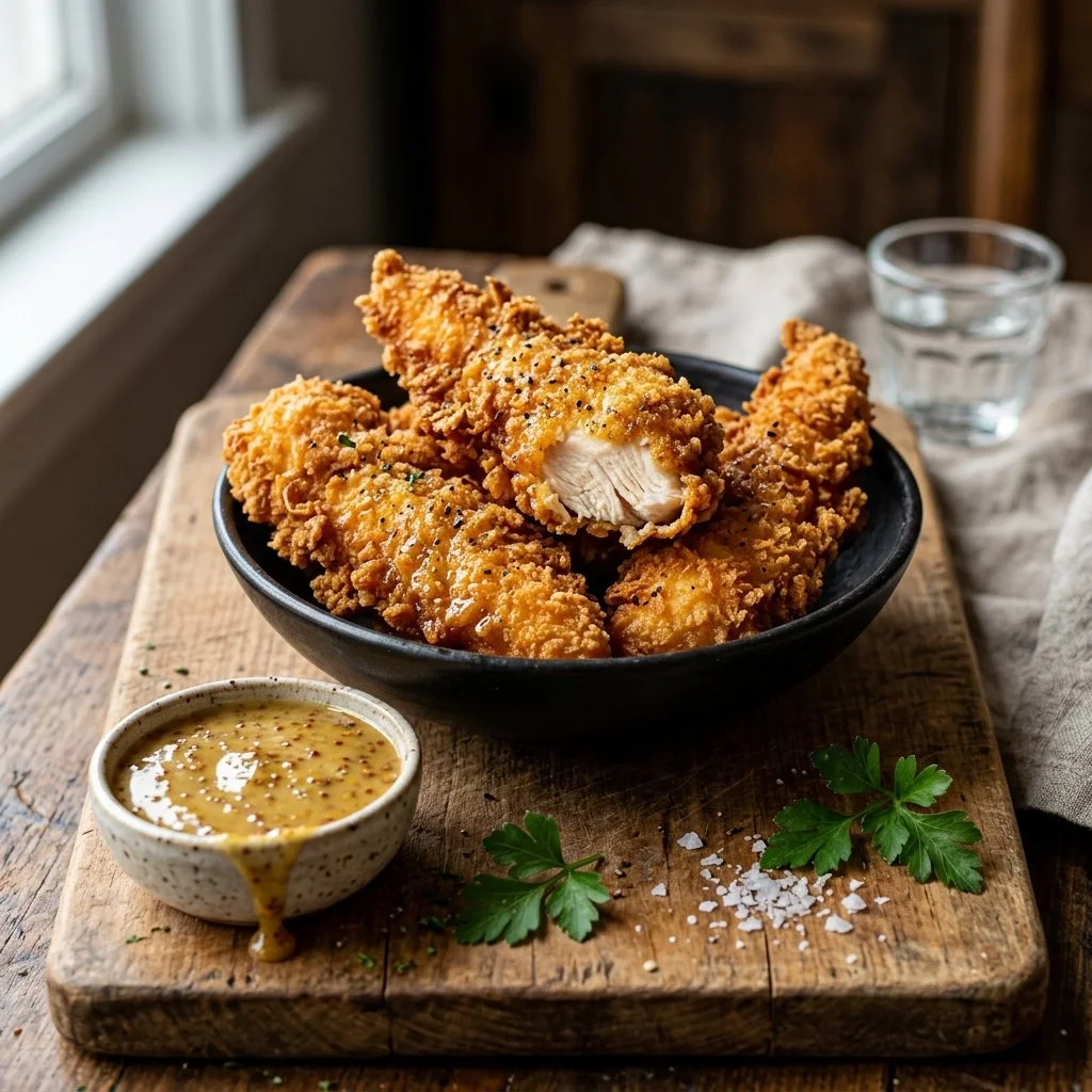 Crispy chicken tenders on a plate garnished with fresh herbs.