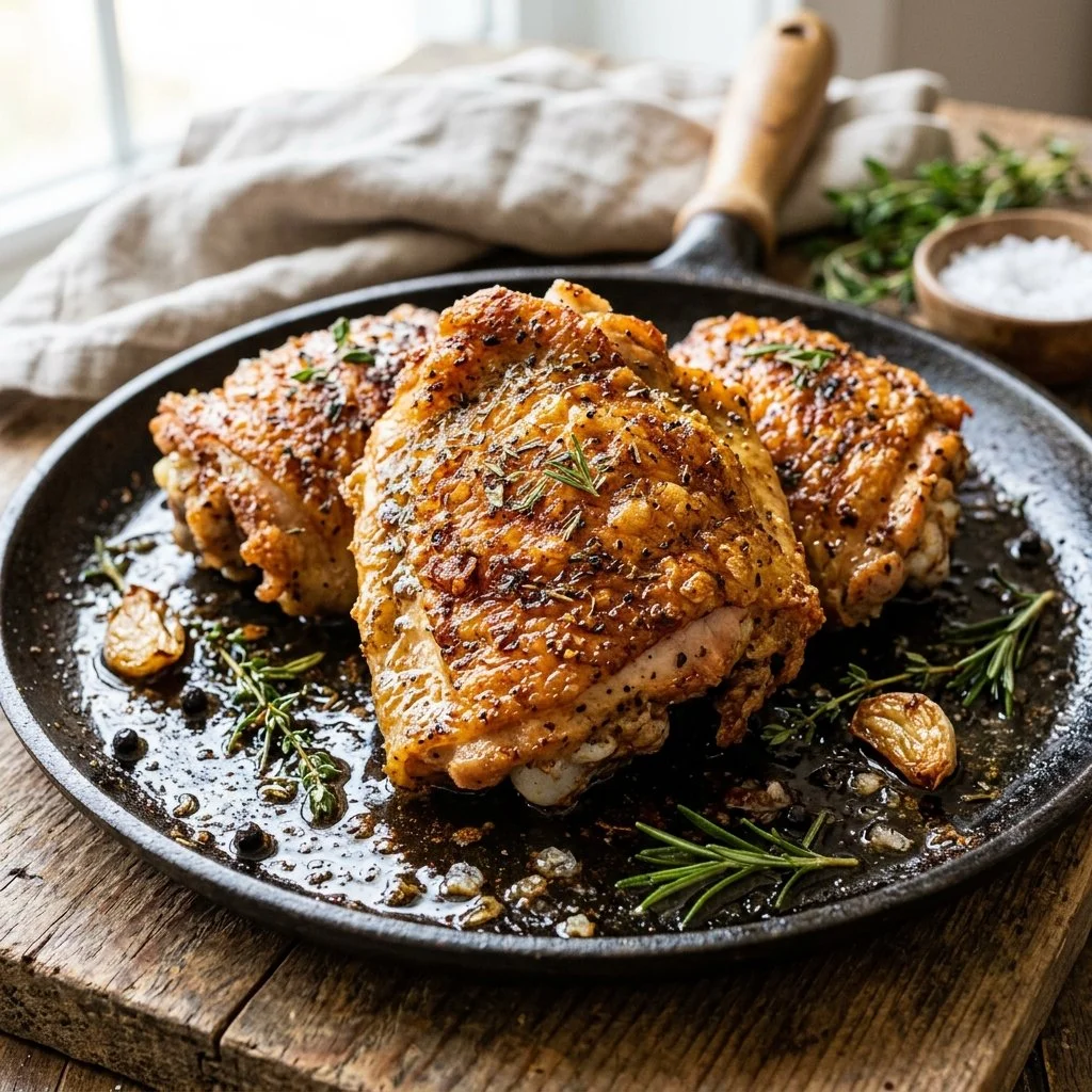 Crispy chicken thighs golden brown and garnished with herbs