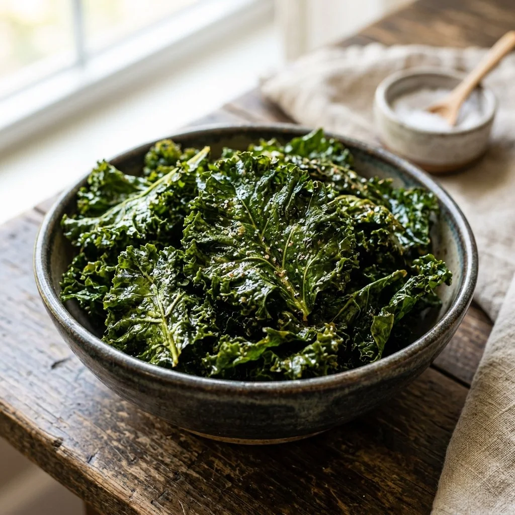 Bowl of crispy kale chips, a healthy and crunchy snack option.