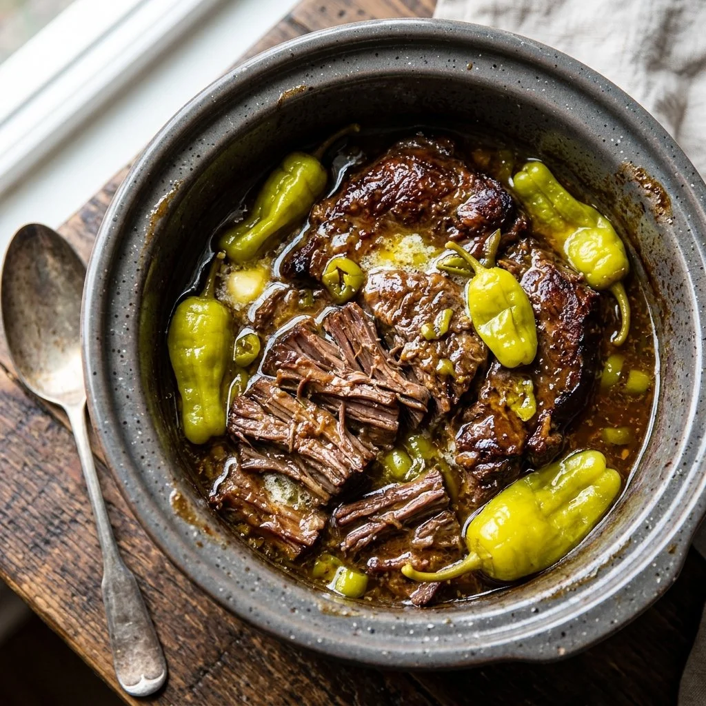 Delicious Crockpot Mississippi Roast served with herbs and spices.