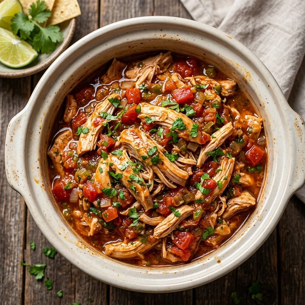 Crockpot Salsa Chicken recipe in slow cooker with toppings