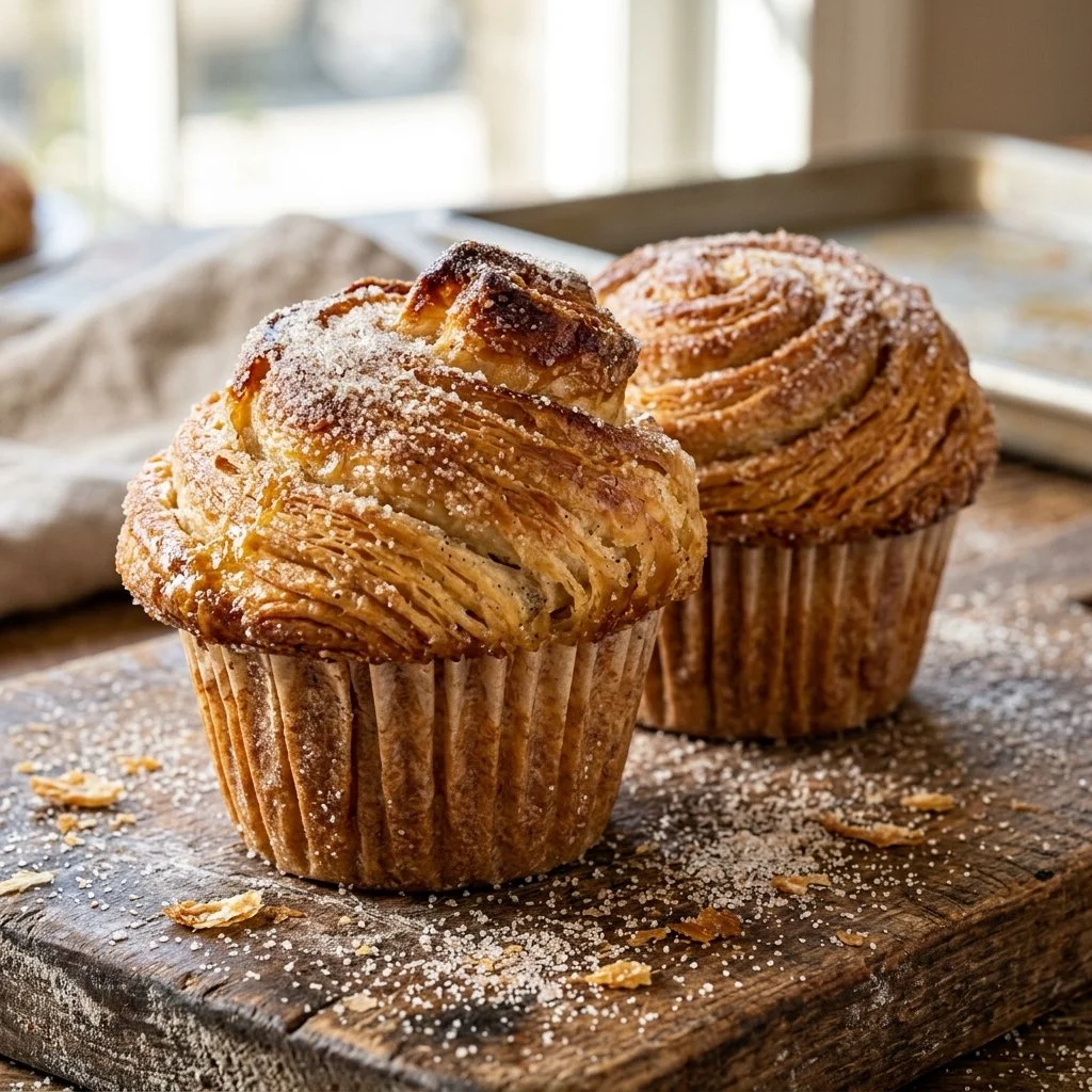 Freshly baked cruffins with a flaky texture and sweet filling.