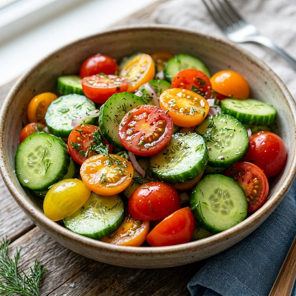 Fresh Cucumber Tomato Salad with herbs and dressing