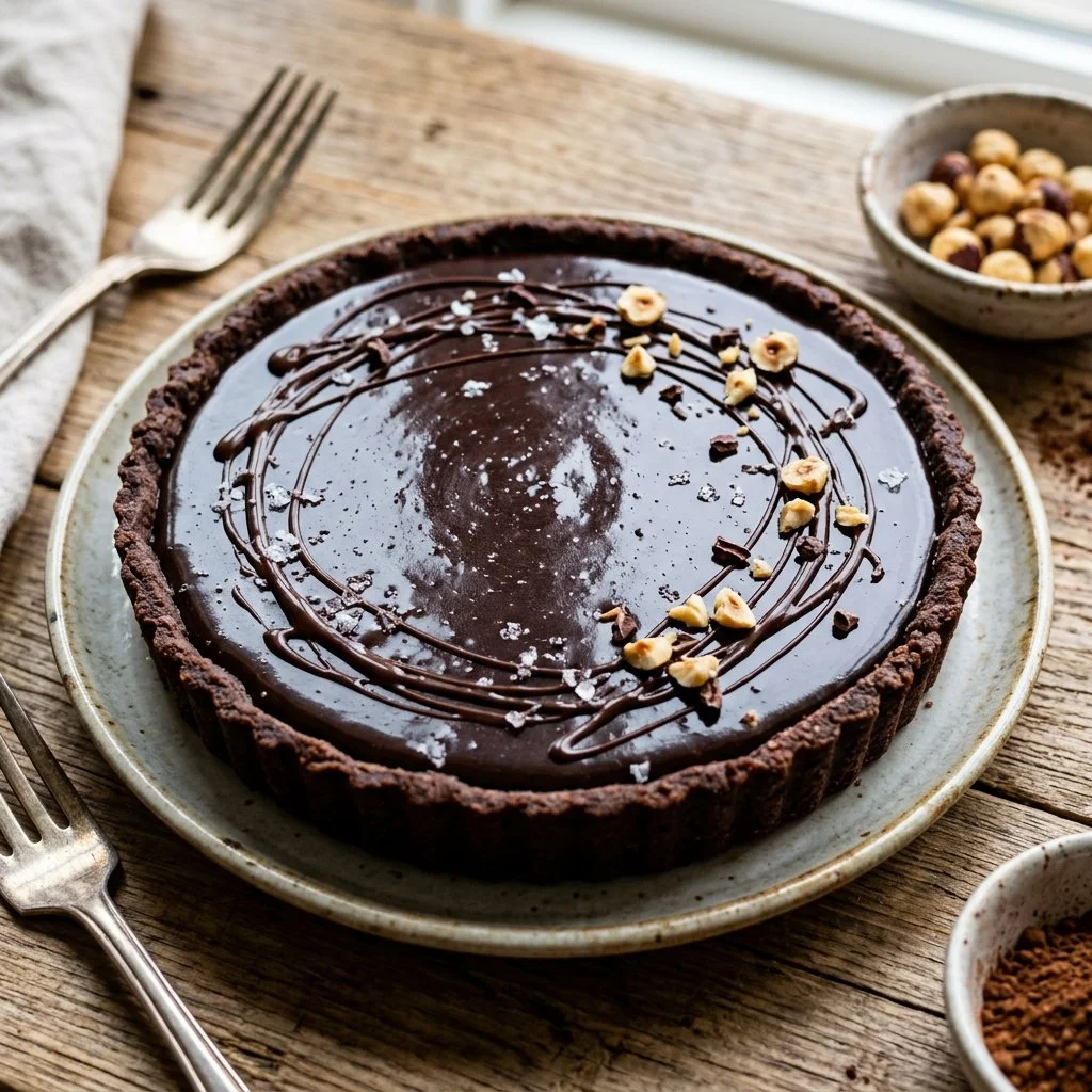 Delicious dark chocolate tart garnished with fresh berries and mint leaves