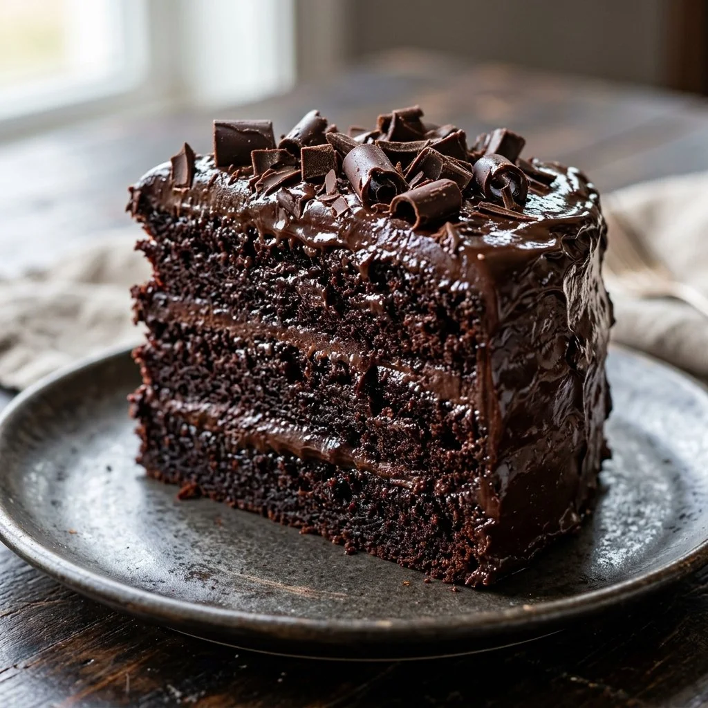 Death by Chocolate Cake topped with rich chocolate ganache and sprinkles