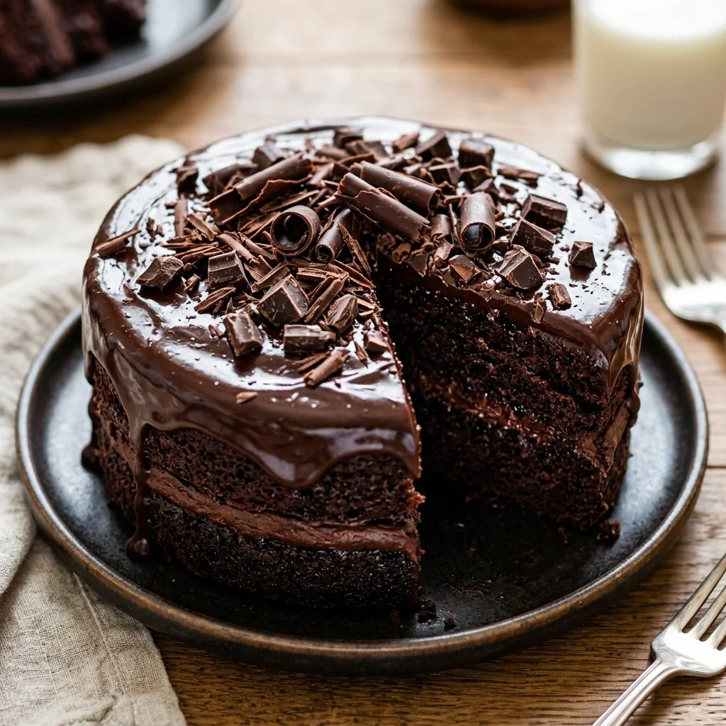 Decadent Death by Chocolate Cake slice topped with rich chocolate frosting
