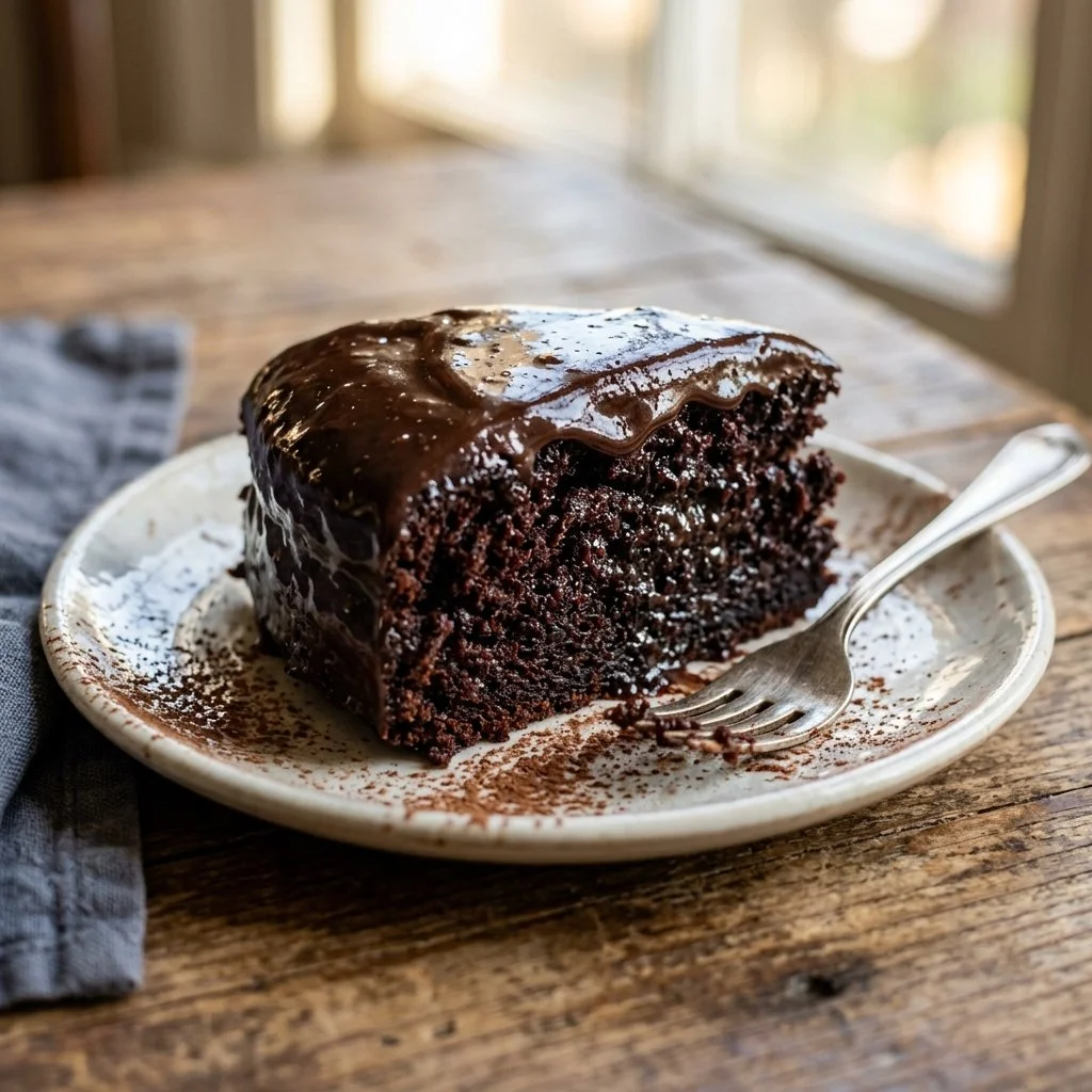 A moist and rich depression cake, made without eggs or milk, served on a plate.