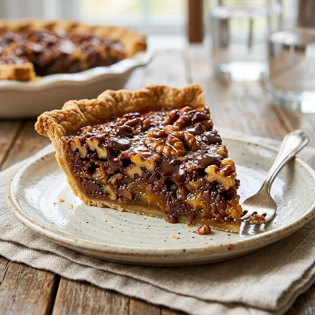 Slice of delicious Derby Pie on a plate, garnished with whipped cream.