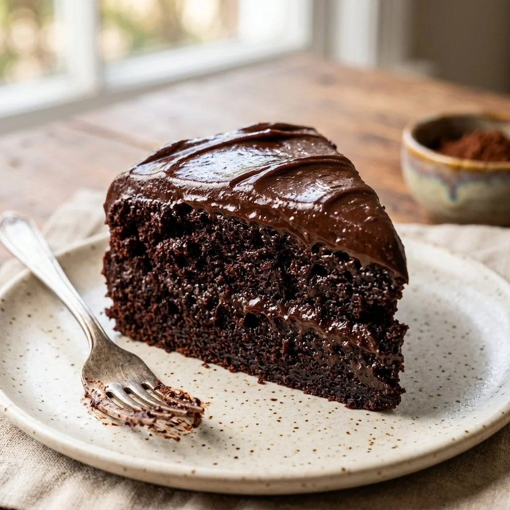 Delicious slice of rich Devil's Food Cake topped with chocolate frosting.