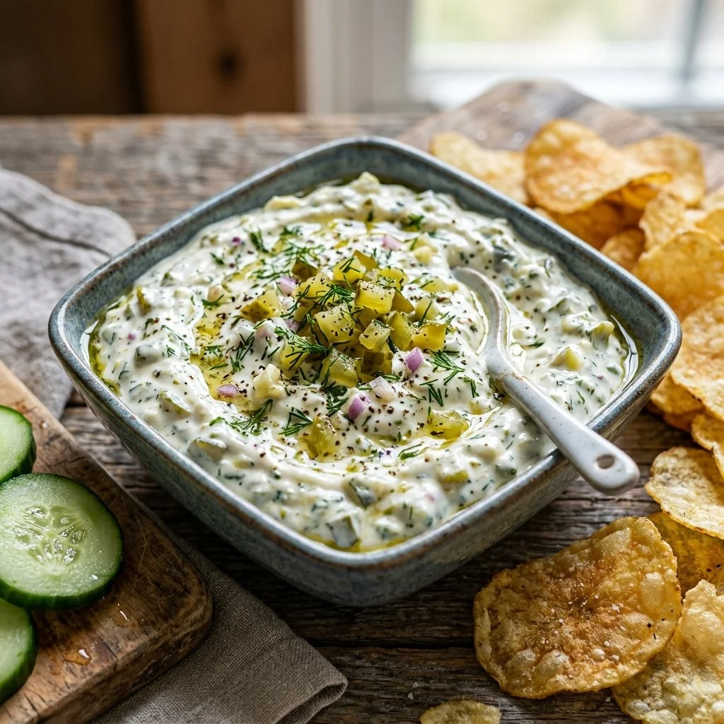Delicious dill pickle dip served in a bowl with crackers and vegetables