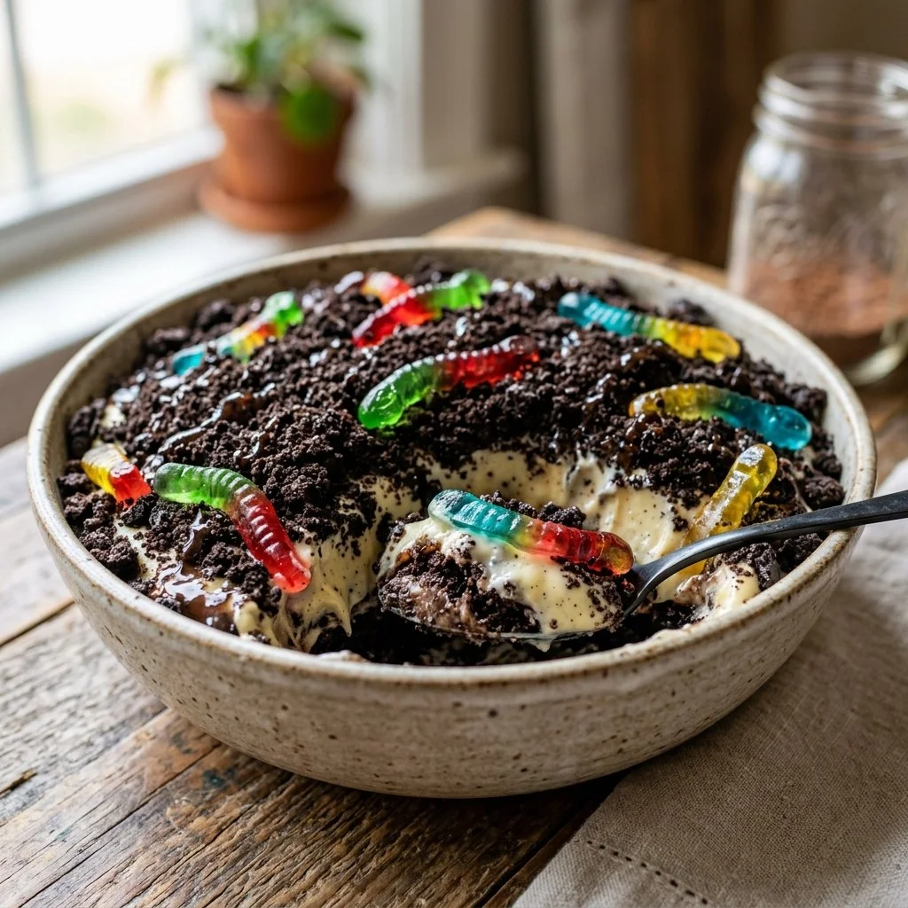 Delicious Dirt Cake dessert with layers of chocolate and creamy filling.