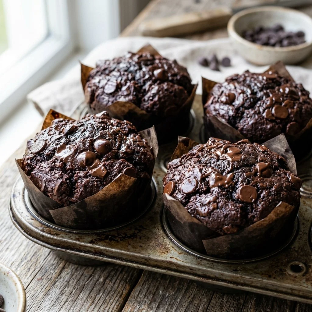 Delicious double chocolate muffins topped with chocolate sprinkles