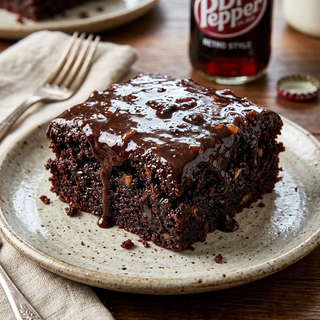 Homemade Dr Pepper Cake topped with chocolate frosting and cherries